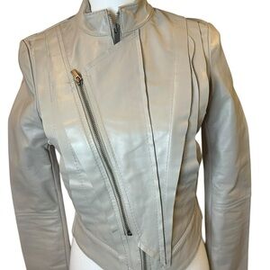 BCBG MaxAzria Leather Moto Jacket XS Cream Asymmetrical Zip